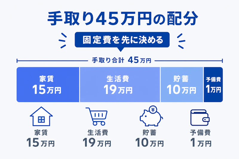 手取り45万円を家賃と生活費と貯蓄に配分する例