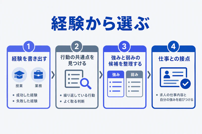 経験の共通点から強みと弱みを整理し仕事内容につなげる流れ