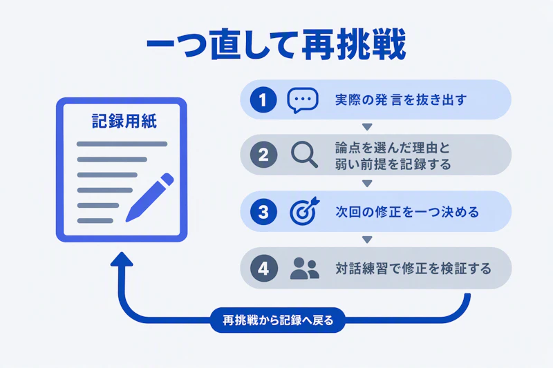 発言と弱い前提を記録し一つ修正して再挑戦する練習サイクル