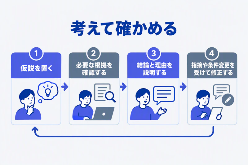 仮説・根拠確認・説明・修正の順に短い課題へ取り組む図