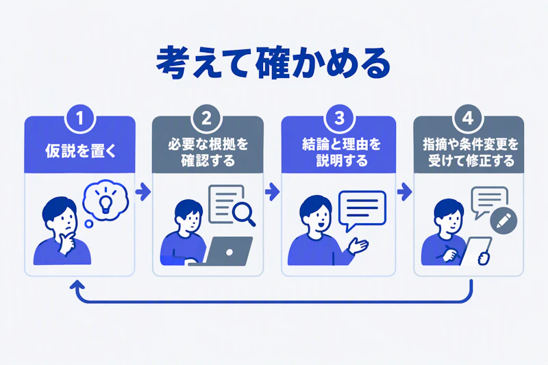 仮説・根拠確認・説明・修正の順に短い課題へ取り組む図