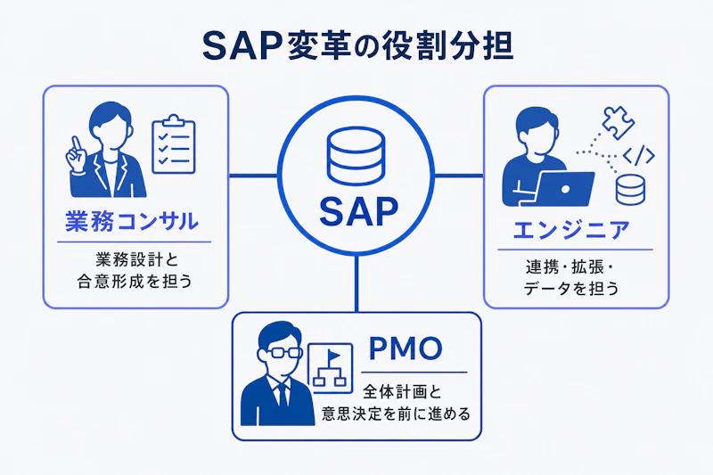 SAP変革プロジェクトにおける業務コンサルタント、エンジニア、PMOの役割分担