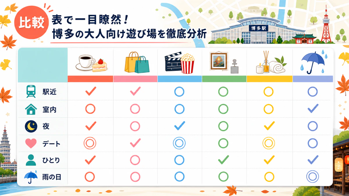 比較表で一目瞭然!博多の大人向け遊び場を徹底分析