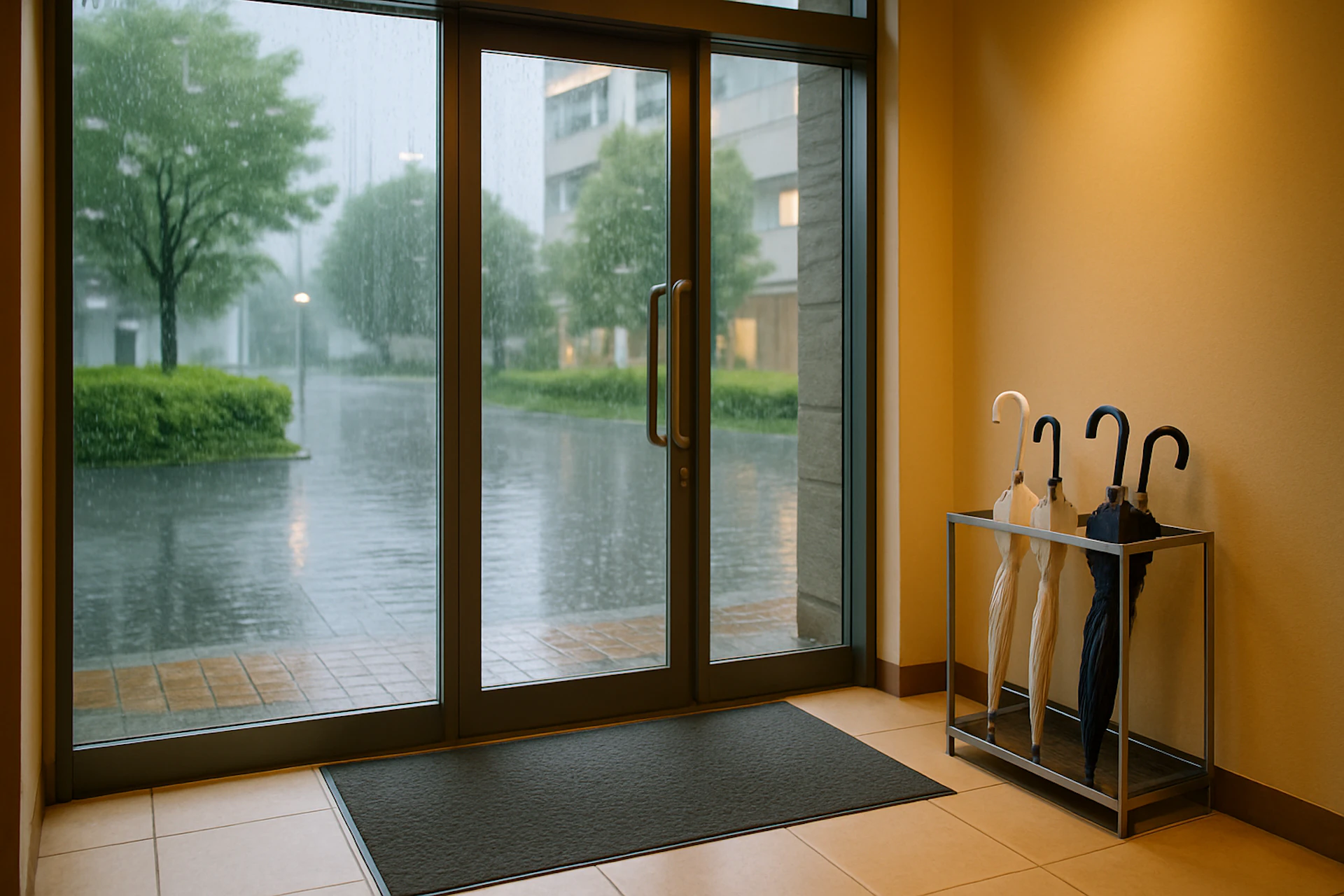 梅雨のオフィスで起きること｜床の水濡れ・転倒・来客動線。総務ができる雨の日対策