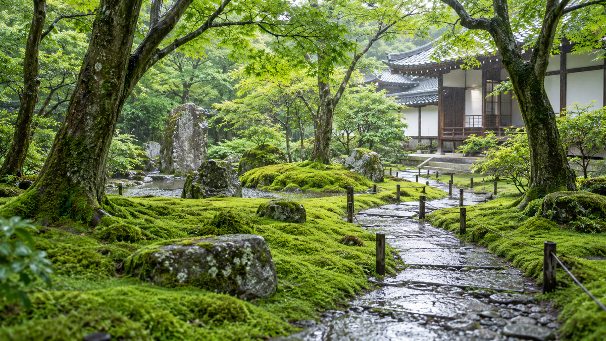 雨が彩る「苔庭」の静寂【京都 苔庭 雨 風情 の真骨頂】の様子