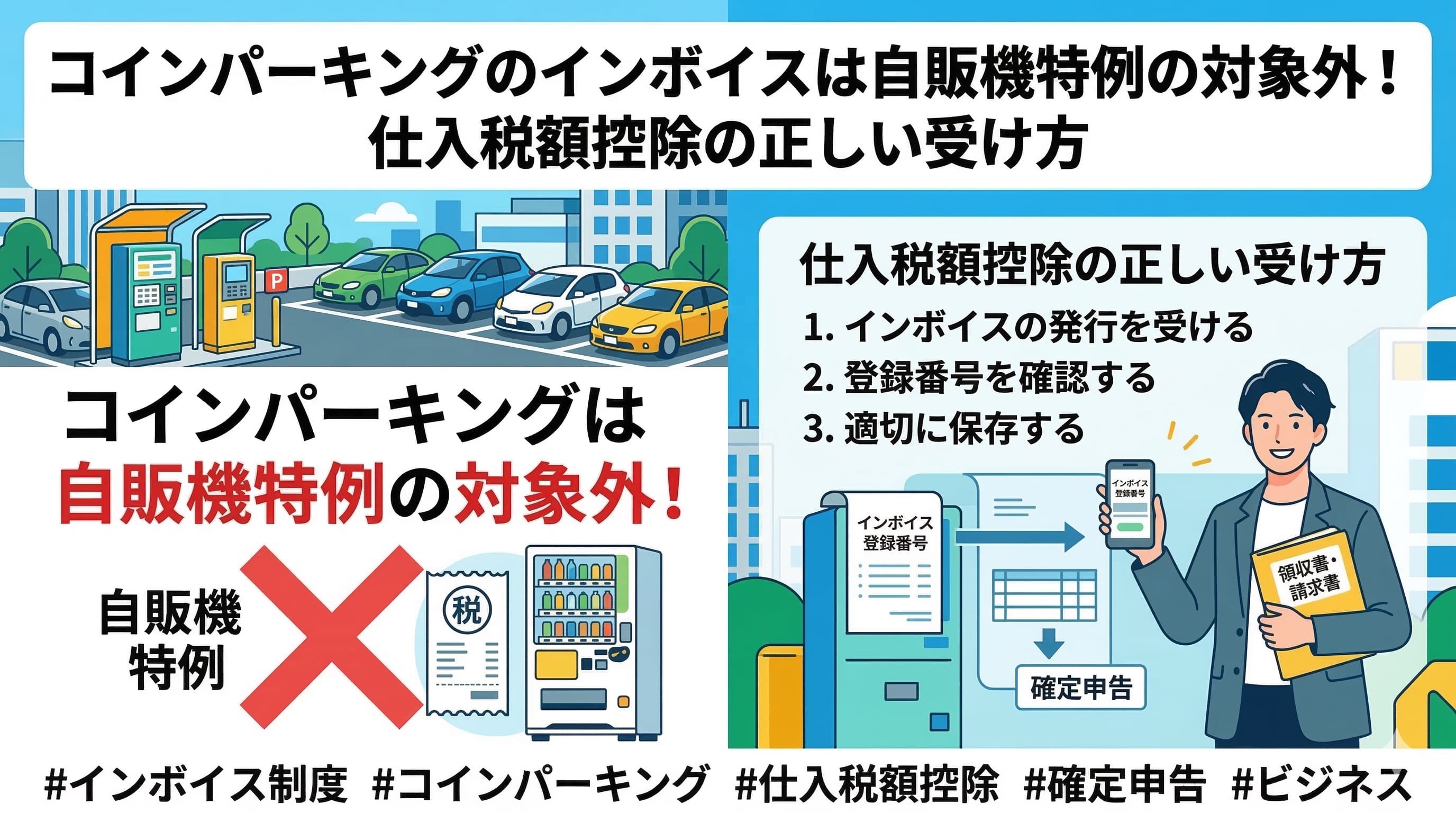 コインパーキングのインボイスは自販機特例の対象外！仕入税額控除の正しい受け方