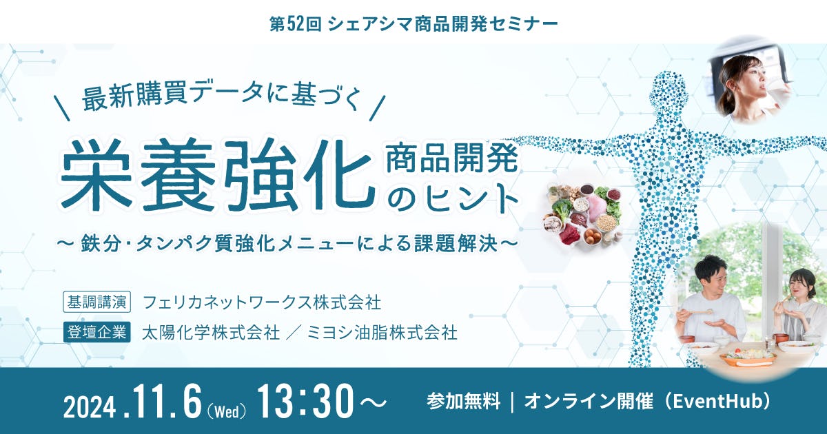 【受付終了】最新購買データに基づく栄養強化商品開発のヒント〜鉄分・タンパク質強化メニューによる課題解決〜（11/6）