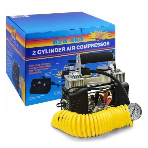 Camel 628-4X4 Double Cylinder Tyre Inflator Portable Air Compressor with Extension Coil Air Hose and Pressure Gauge