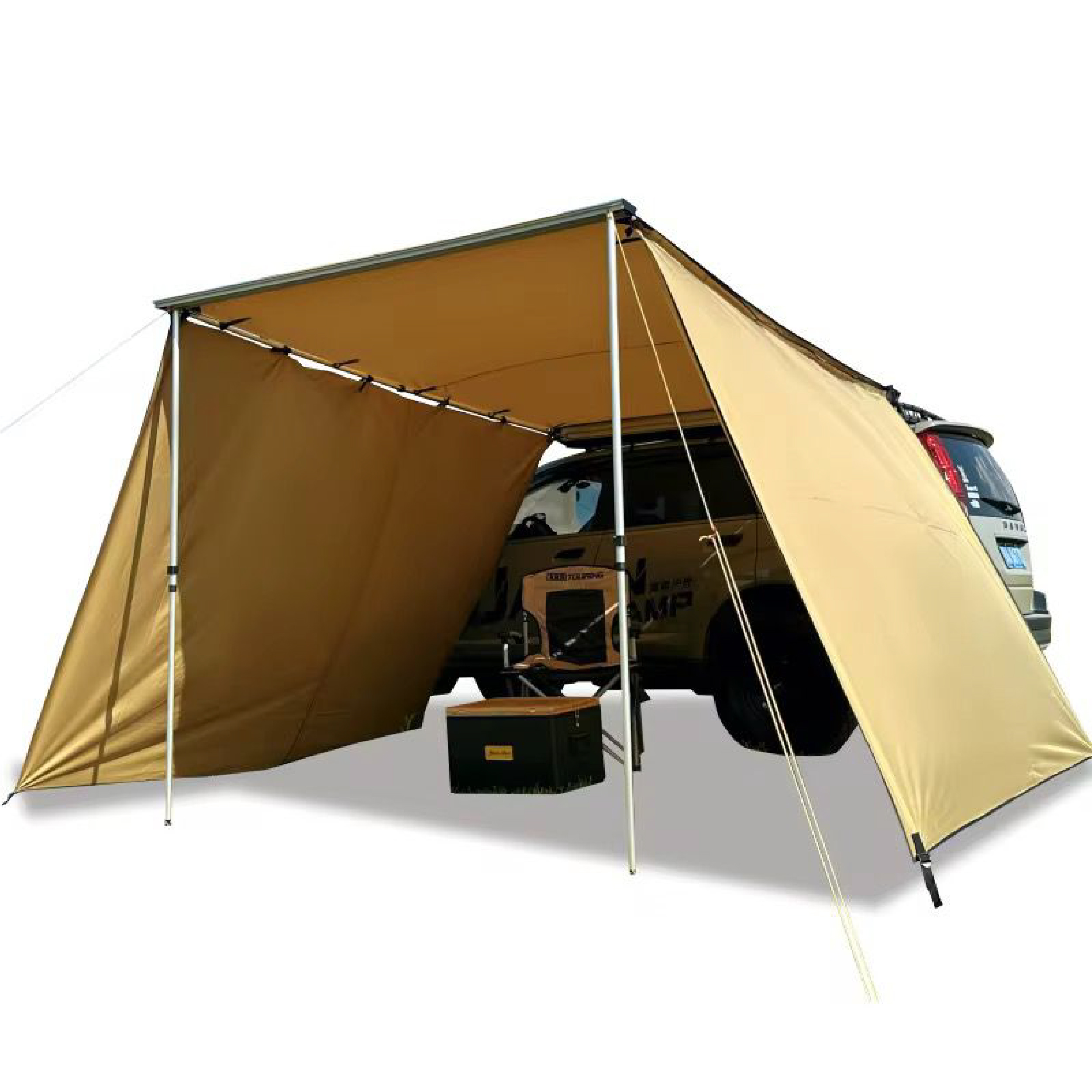 Car side awning with 2-panel wall