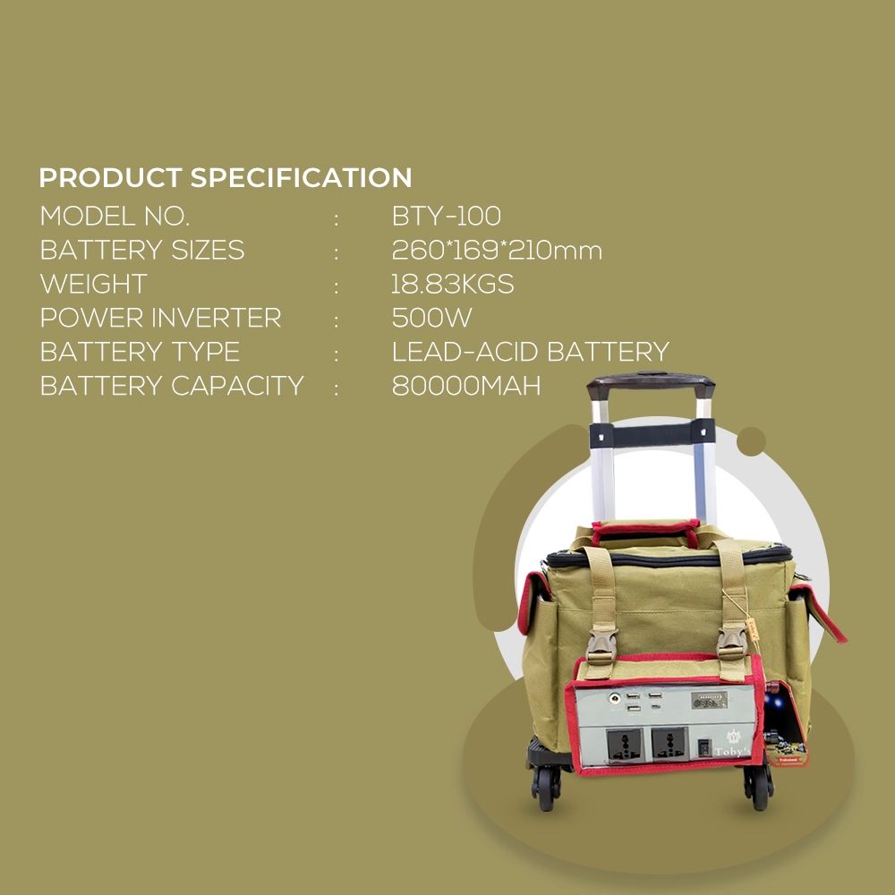 Toby’s BTY-100 Power Station Rechargeable Battery (80000mAh) With 500Watts Inverter & Trolley