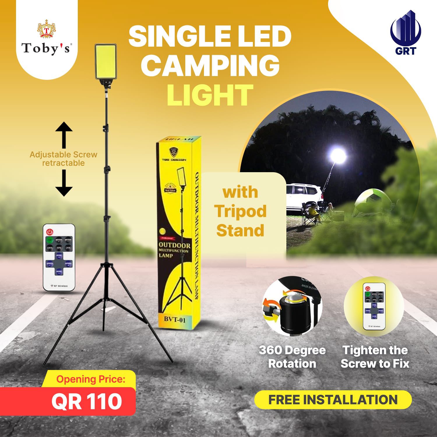 Toby's Outdoor Multifunction 12V LED Camping Light with Tripod Stand