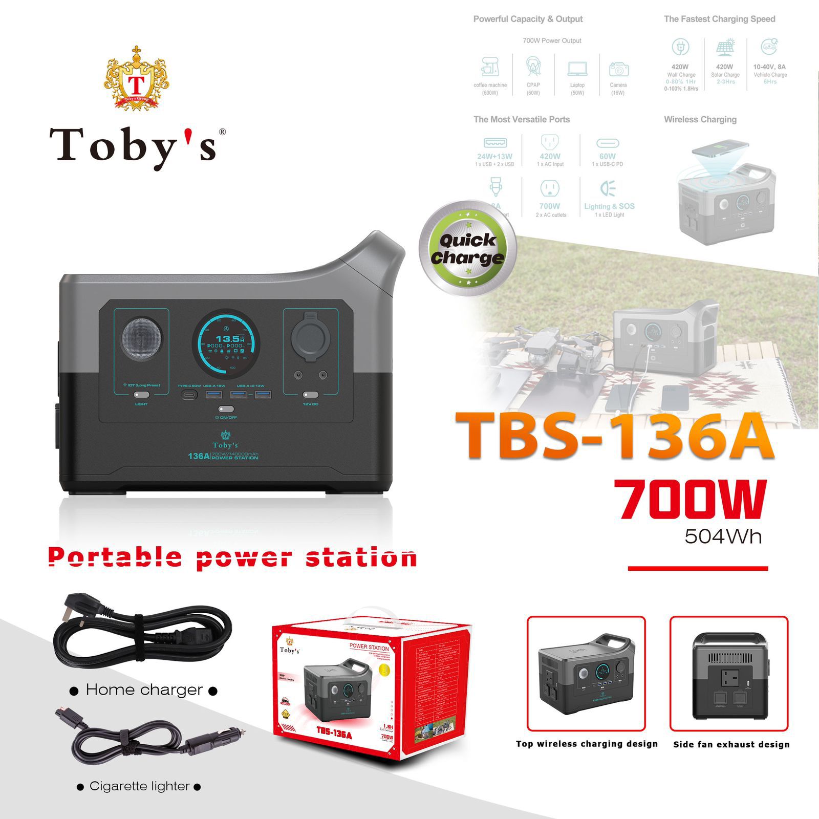 Toby’s TBS-136A Portable Power Station Rechargeable Battery (504Wh) With Multiple Outputs & Wireless Charger