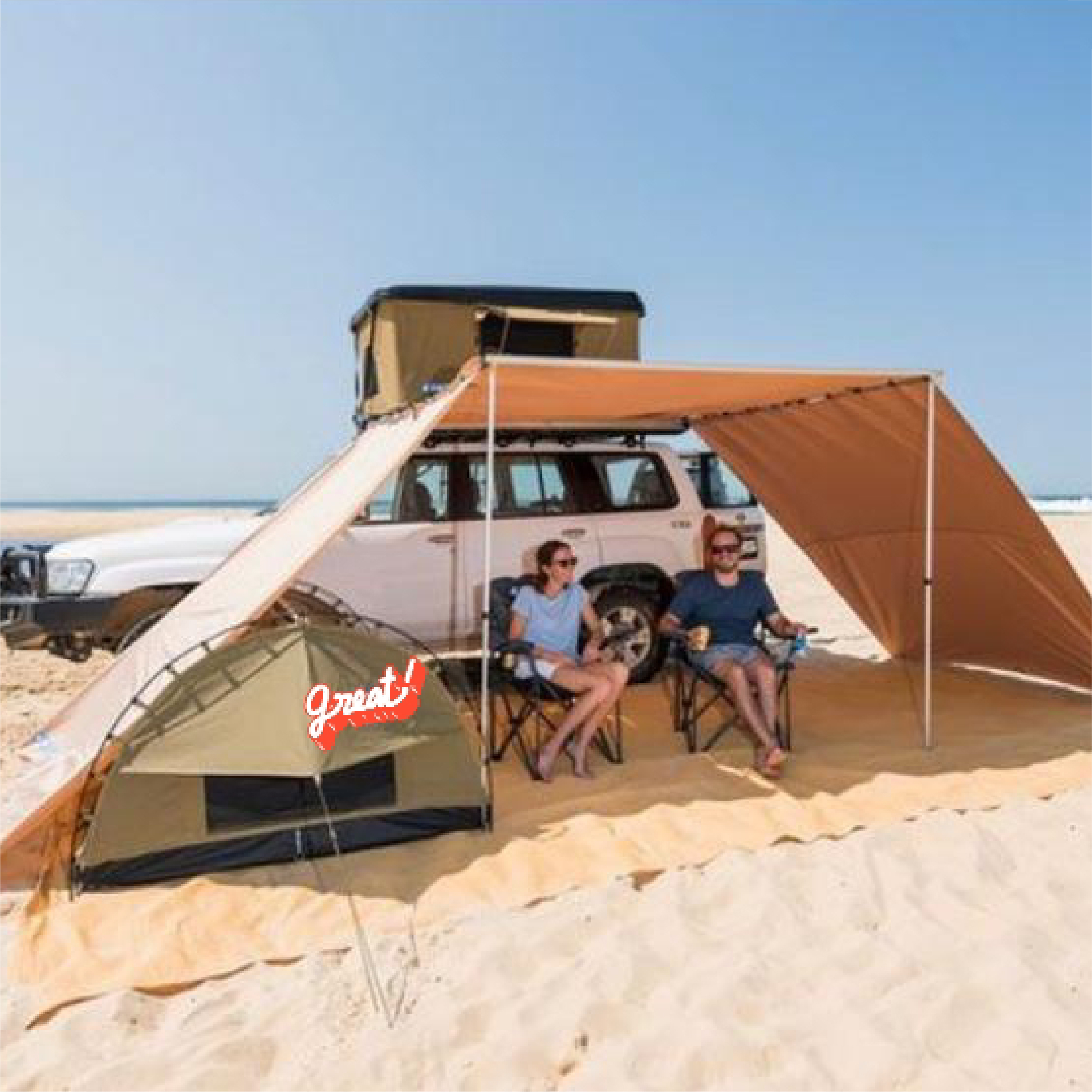 Car side awning with 2-panel wall