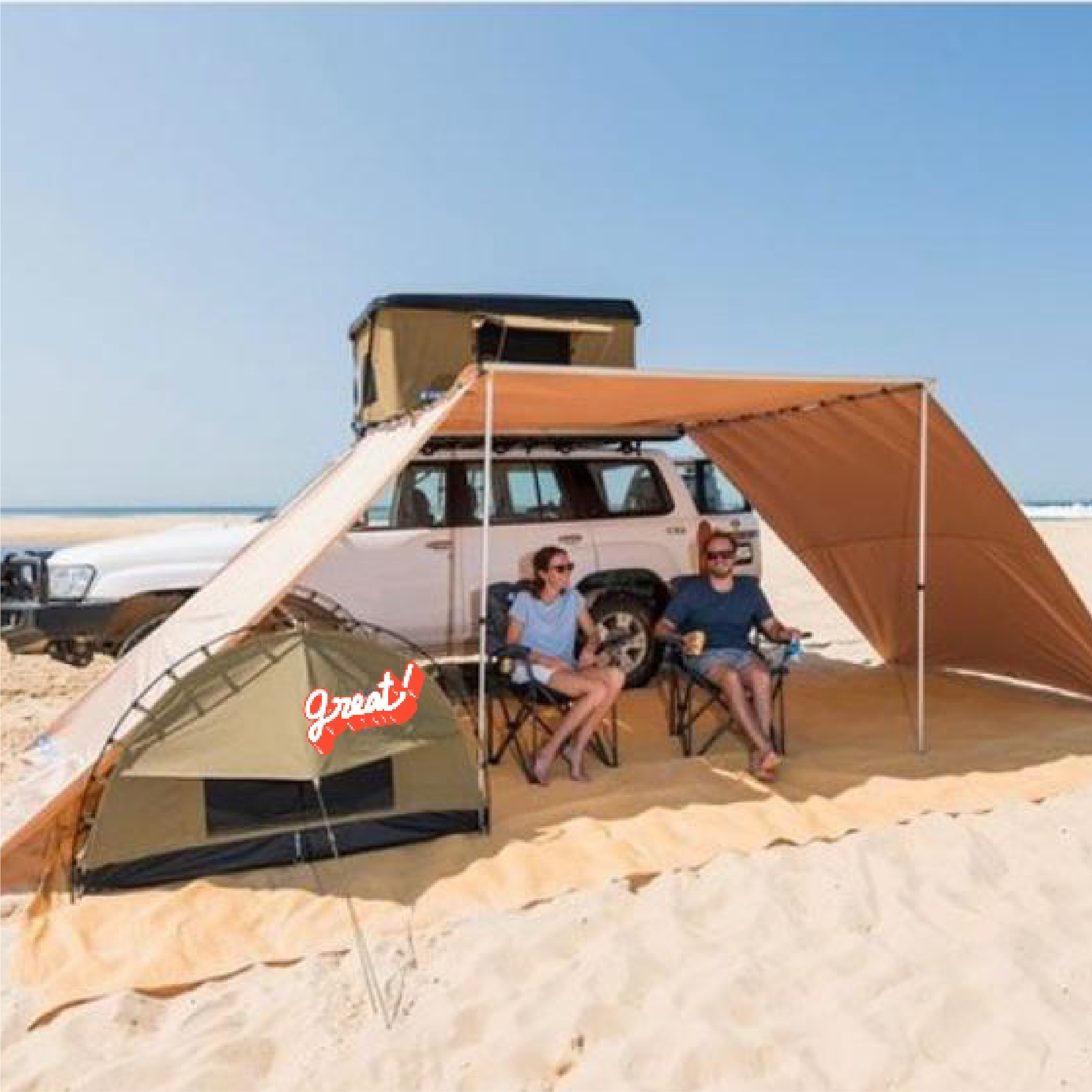 Car side awning with 2-panel wall
