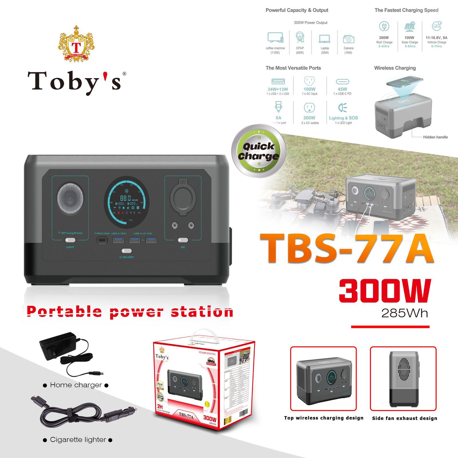Toby’s TBS-77A Portable Power Station (300Wh, 77,000mAh) with 150W Inverter & Wireless Charging