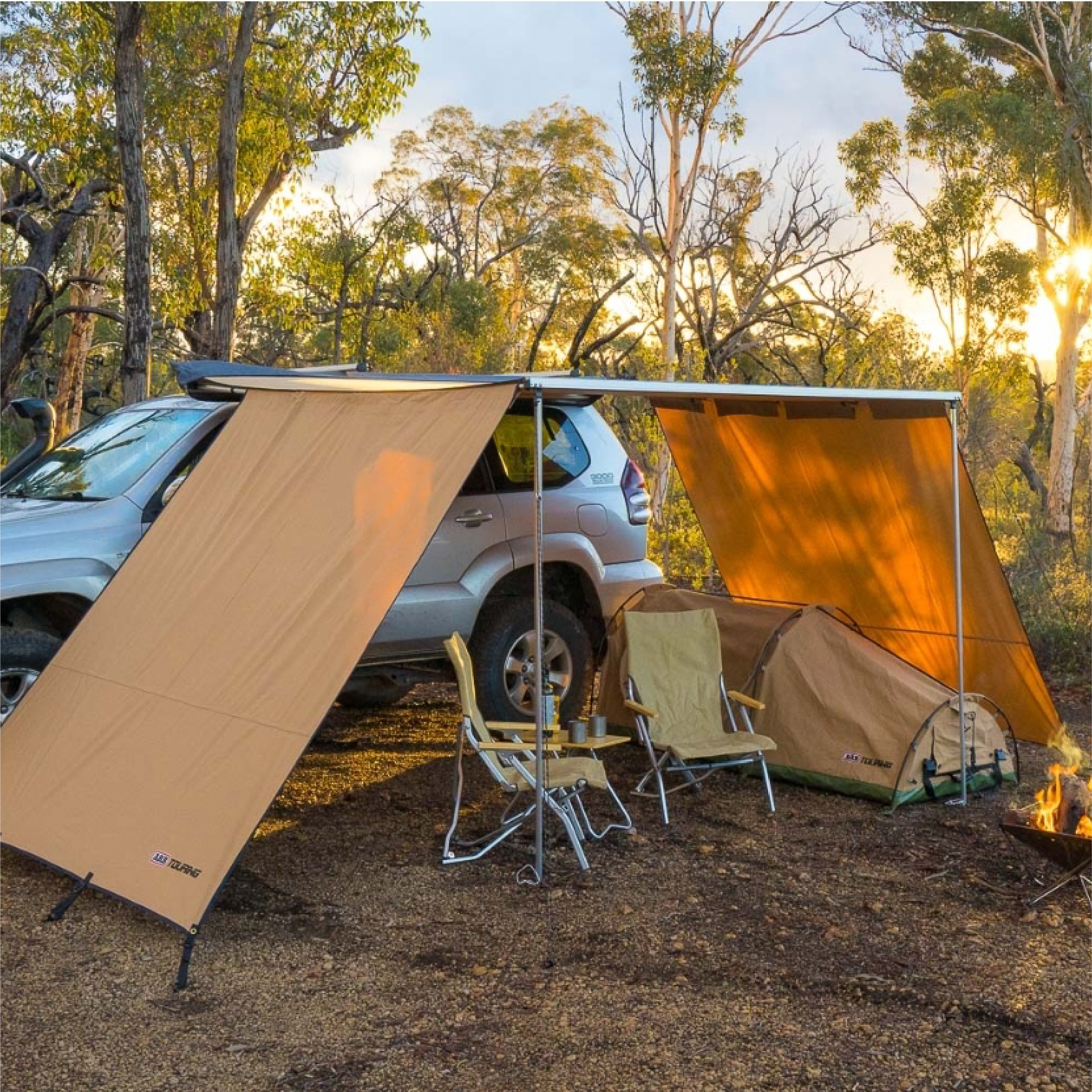 Car side awning with 2-panel wall