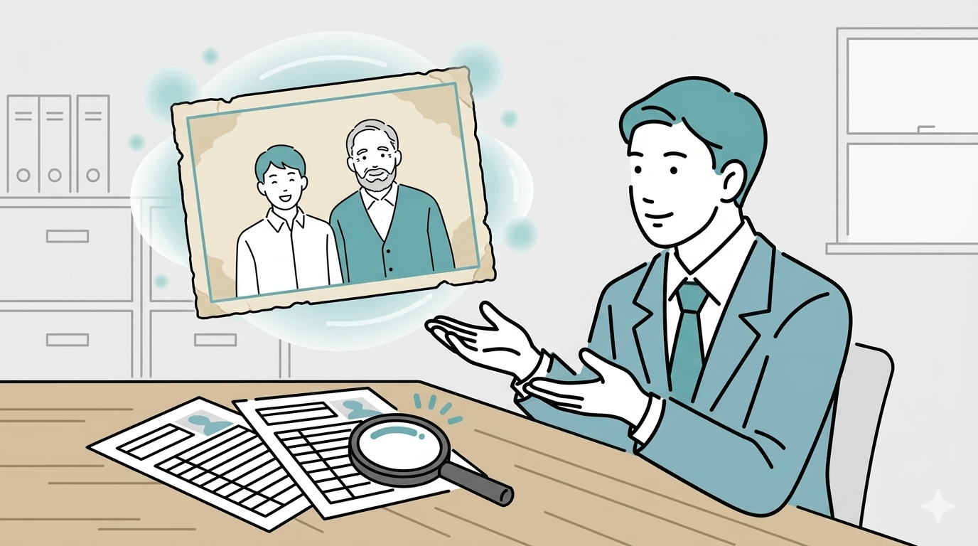 探偵に恩師の人探しを依頼している様子