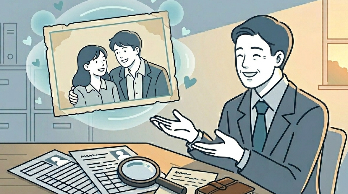 探偵の調査により昔の恋人と再会できた人の様子
