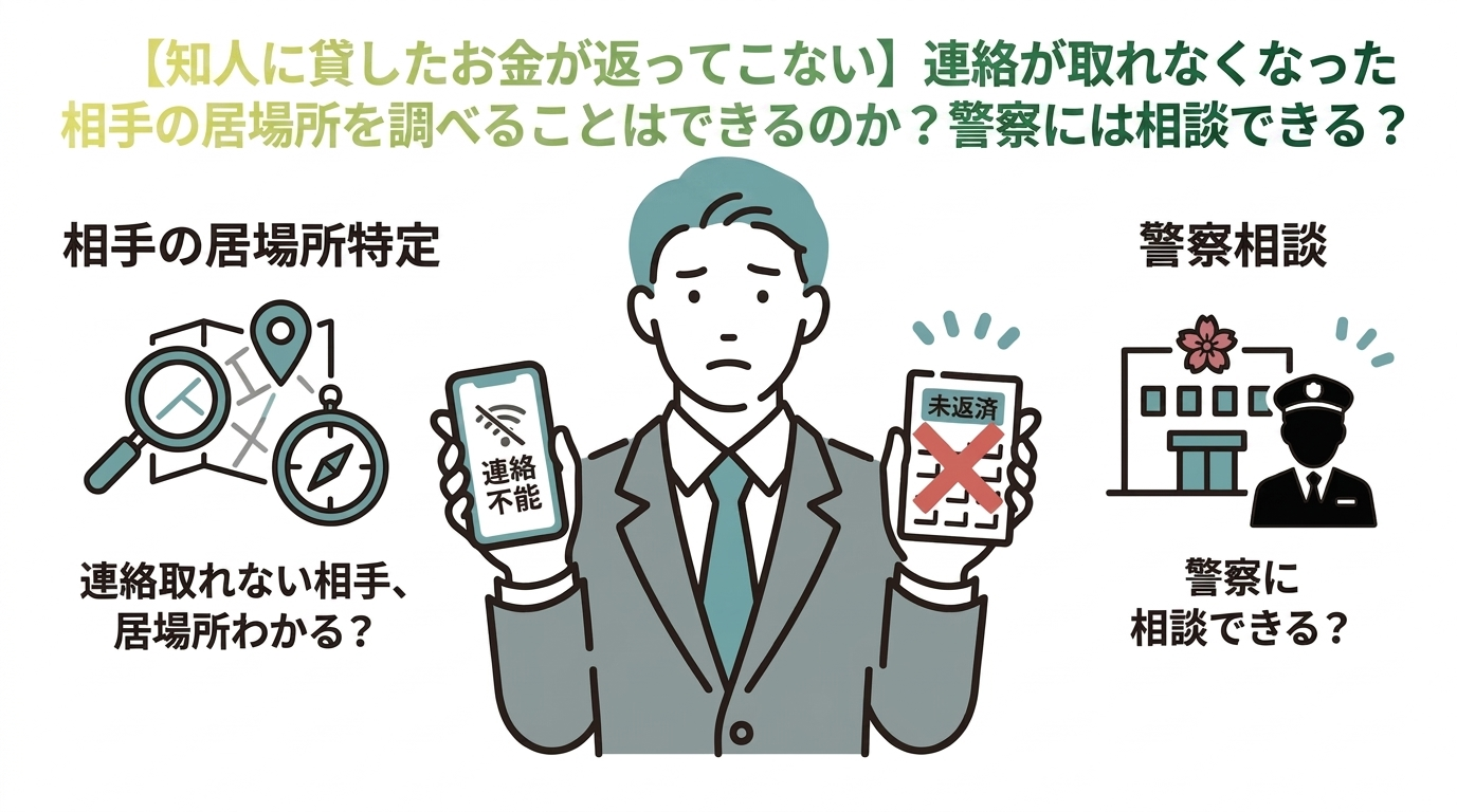 【知人に貸したお金が返ってこない】連絡が取れなくなった相手の居場所を調べることはできるのか?警察には相談できる?