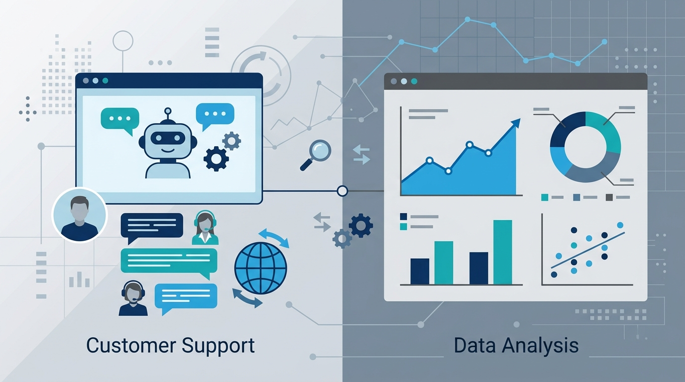 カスタマーサポートAIとデータ分析AIの活用イメージを示す図解