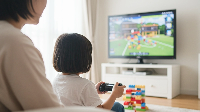リビングの床に座って大きなテレビでゲームに熱中する娘の様子を、キッチンに立つ母親がすぐそばで見守っている、温かい雰囲気の後ろ姿。