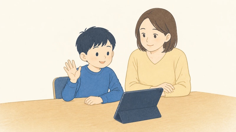 オンライン英会話の開始前に、子どもがタブレットへ手を振り、母親がそばで見守っている様子