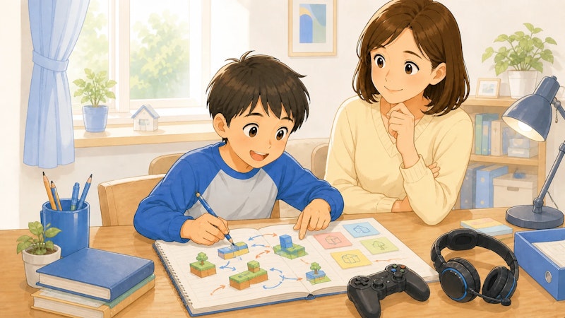 ゲームで考えた作戦をノートへ描き、学びや成長につなげる小学生