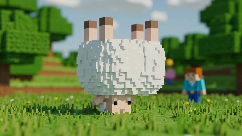マインクラフト風のブロックの世界で、一匹の羊が逆さまになって不思議そうに浮いている、ユーモラスな様子の3Dイラスト。