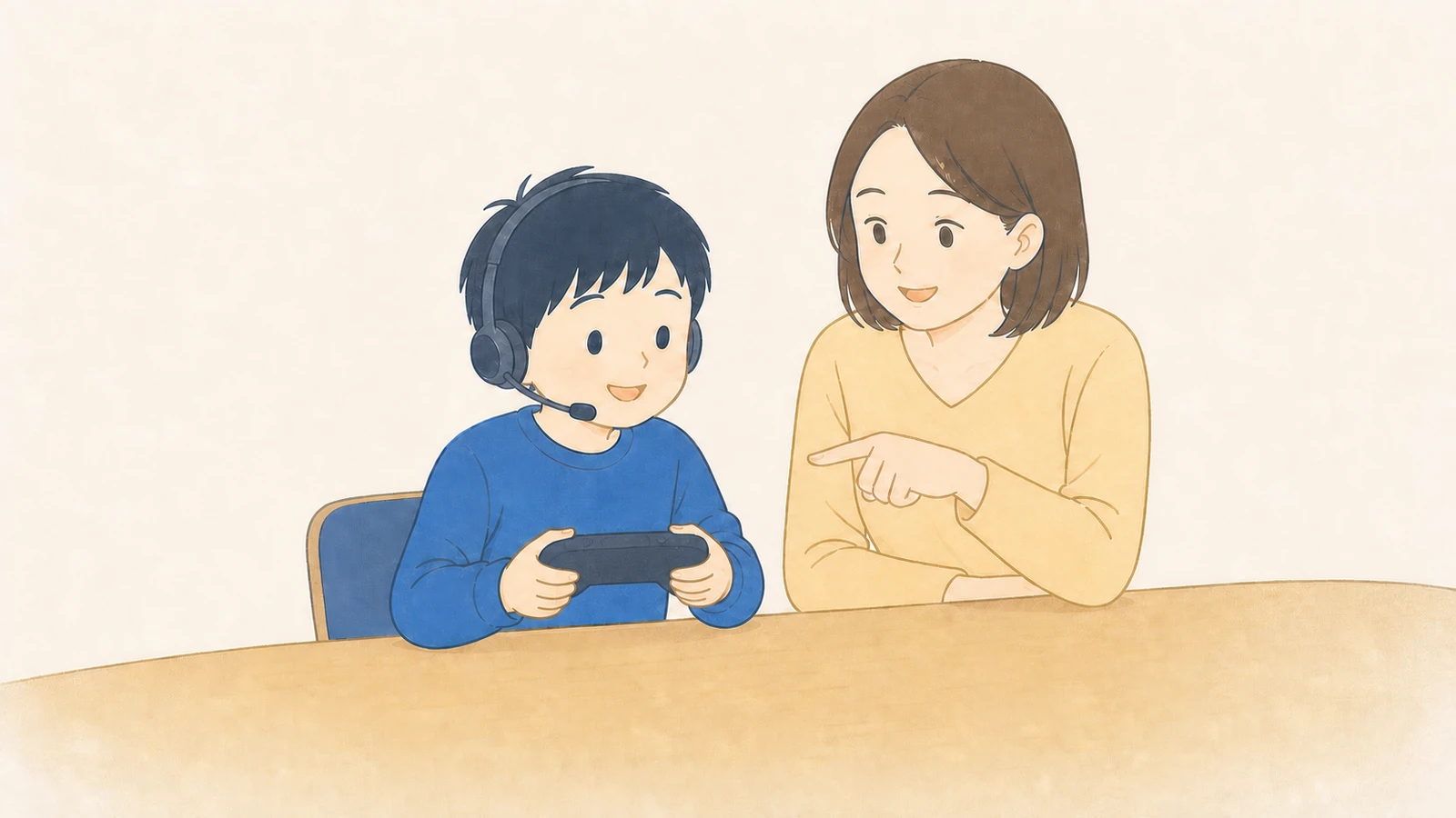 ゲームを使ったオンライン英会話に向けて、ヘッドセットを着けた子どもがコントローラーを持ち、母親がそばで見守っている様子