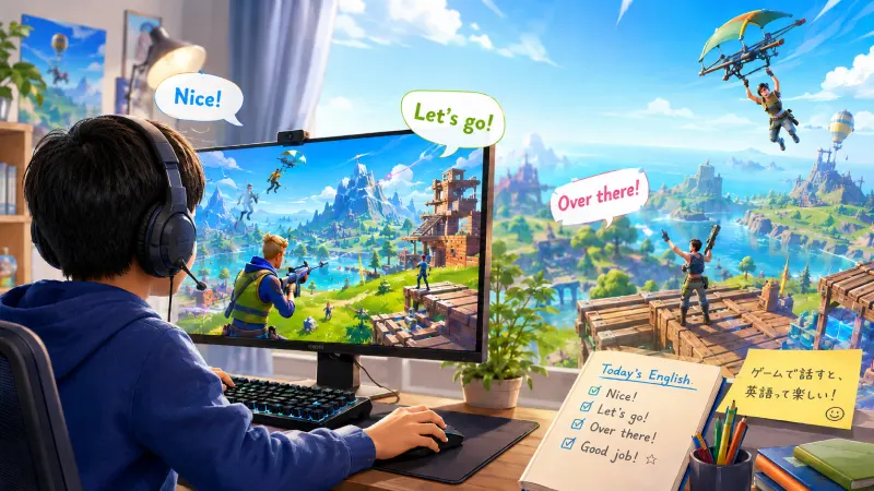 ヘッドセットを付けた男の子がPCで「フォートナイト」をプレイしている様子を描いたイラスト。画面のキャラクターたちから「Nice!」「Let's go!」「Over there!」という英語の吹き出しが出ている。手元のノートにはそれらの英単語がメモされており、「ゲームで話すと、英語って楽しい！」と書かれた付箋が貼られている。