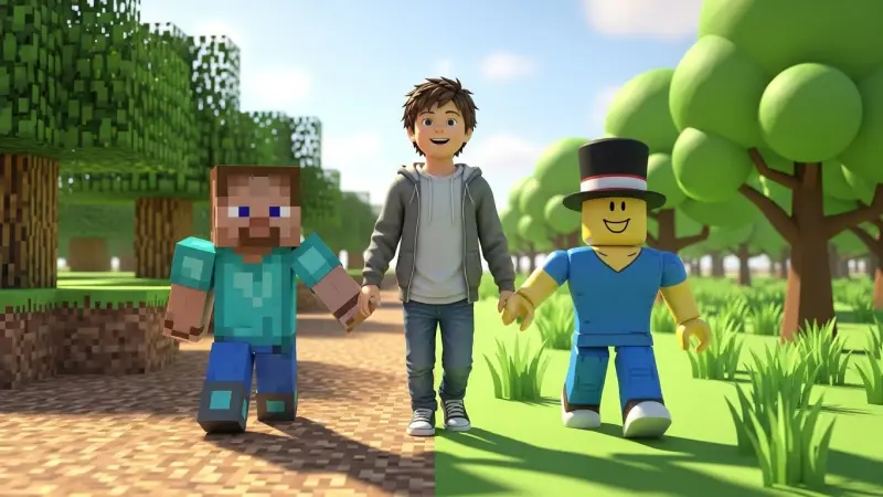 マインクラフト風の3Dアニメーション画像。中央にいるグレーのパーカーを着た少年が、左側のスティーブ（マインクラフトの初期スキン）と、右側のシルクハットを被ったキャラクターと手をつないで、ブロックでできた世界を仲良く歩いている。