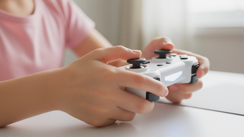 子供の小さな手がゲームコントローラーをしっかりと握り、親指がボタンを操作している様子のクローズアップ写真。モニターからのカラフルな光が手に優しく反射している。