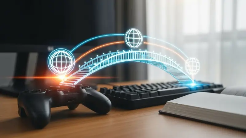 木製のデスク上に置かれたゲーミングコントローラーとキーボード、そして開かれた本。それらの上には、地球儀やネットワークを模した青とオレンジの光るホログラムが浮かび上がり、デジタル世界と現実世界の繋がりを象徴的に表現しているイメージ画像。