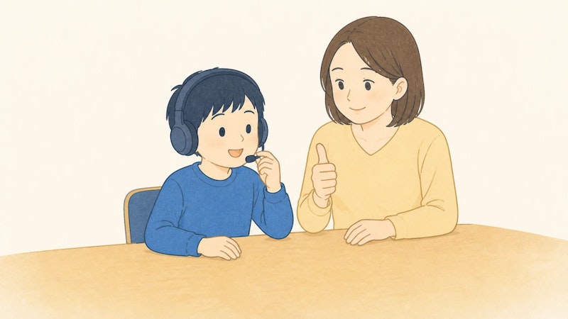 オンライン英会話の前に、子どもがヘッドセットのマイクを確認し、母親がそばで見守っている様子