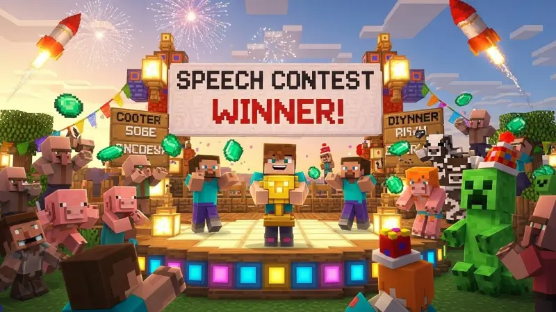 マインクラフトのゲーム内スクリーンショット。「SPEECH CONTEST WINNER!」と書かれた大きな看板の下で、トロフィーを掲げたプレイヤーキャラクターを中央に、スティーブやクリーパー、村人などのキャラクターたちが集まり、花火を上げて盛大に祝福しているお祝いのシーン。