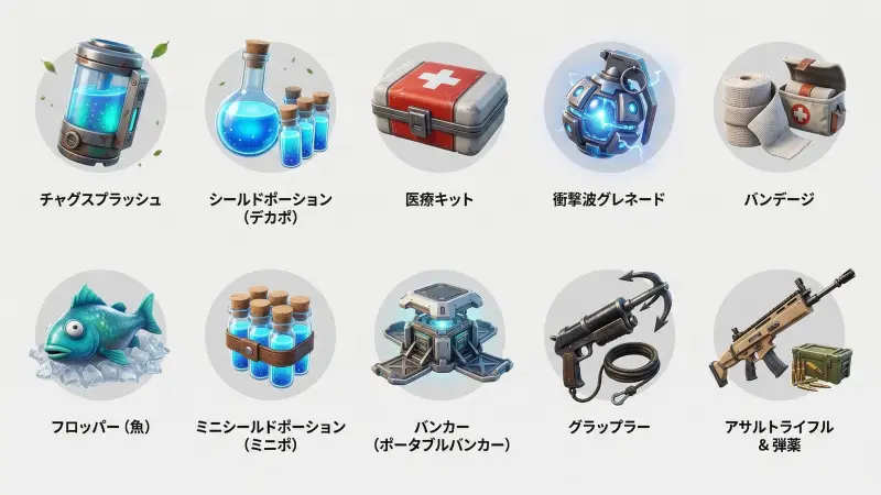 フォートナイトで実際にゲットできるアイテムのイメージ。体力を回復したり、攻撃のアイテムになります。（AIにて作成）