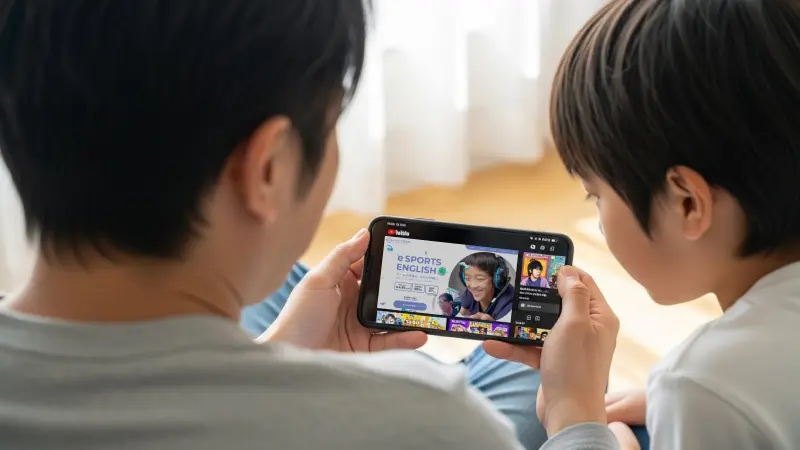スマートフォンでYouTube動画を一緒に見ている親子。父親が持つスマホの画面には「e SPORTS ENGLISH」というタイトルの動画が表示されており、隣にいる子供が興味深そうに画面を覗き込んでいる。