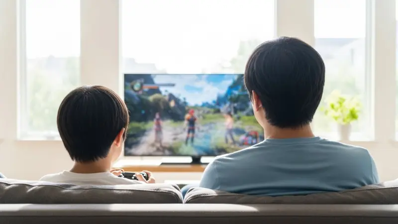 明るい日差しが差し込むリビングルームのソファに並んで座り、テレビの大画面でファンタジーRPG風のゲームをプレイしている親子。左側に座る子供がコントローラーを握り、右側の父親と一緒に画面に見入っている。
