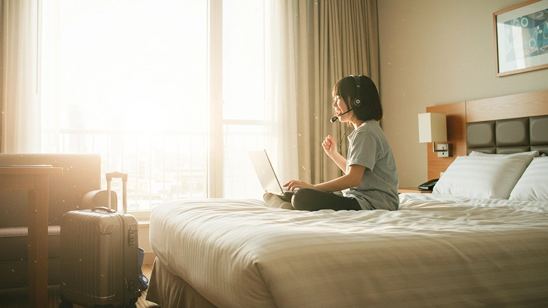 明るい日差しが差し込むホテルの部屋で、ベッドに座ったボブカットの女の子が後ろ姿でノートパソコンに向かい、ヘッドセットをつけて熱心にオンラインレッスンを受けている様子。