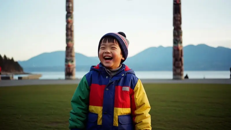 赤、青、黄、緑のカラフルなジャケットとニット帽を身につけた幼い男の子が、屋外で満面の笑みを浮かべているポートレート。背景には海と山、そして2本のトーテムポールが見え、夕暮れのような穏やかな光に包まれている。