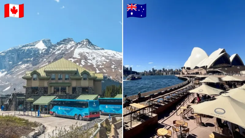 カナダとオーストラリアの風景を比較する2分割画像。左側はカナダの国旗とともに、雪山を背景にした大きなロッジ風の建物と青い観光バスが写っている。右側はオーストラリアの国旗とともに、晴天のシドニー・オペラハウスと、海沿いのテラス席が広がる風景が写っている。