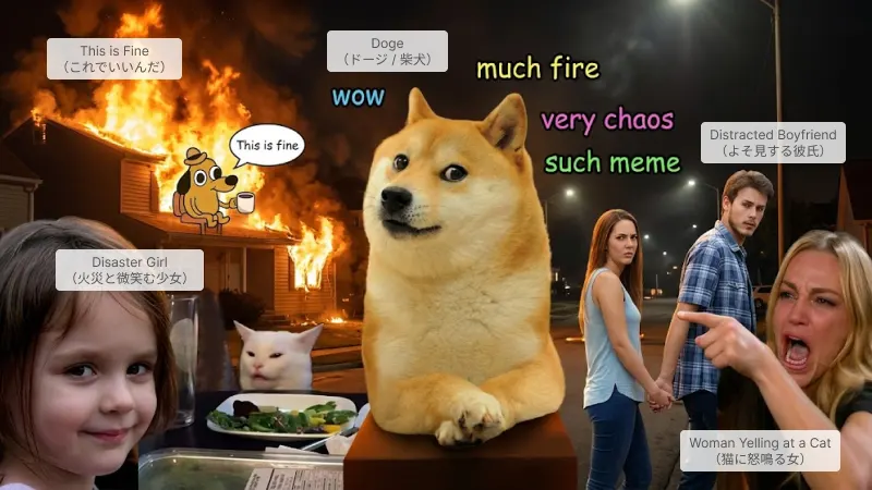 インターネット上で有名なミーム画像を組み合わせたコラージュ画像。中央の「Doge（柴犬）」の周りに、「This is Fine（これでいいんだ）」「Disaster Girl（火災と微笑む少女）」「Woman Yelling at a Cat（猫に怒鳴る女）」「Distracted Boyfriend（よそ見する彼氏）」のミームが配置されている。柴犬の横には「wow」「much fire」などのDoge構文の英語がちりばめられている。
