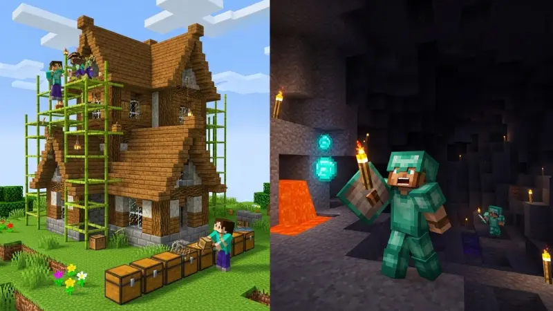 マインクラフトのゲームプレイの様子を示す2分割画像。左側はキャラクターたちが協力して大きな木造の家を建築しているシーン、右側はダイヤモンドの装備を身につけたキャラクターが、松明の明かりを頼りに暗い洞窟を探検しているシーン。