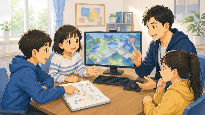 eスポーツのプレイ後にコーチと仲間で作戦を振り返る小学生