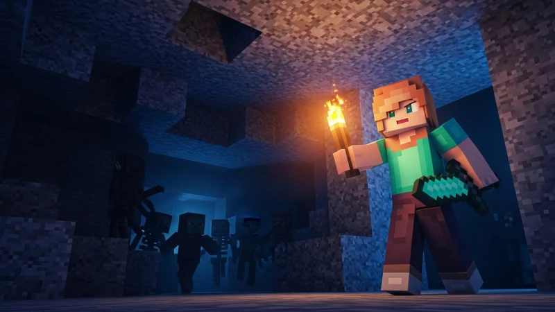 マインクラフトのゲーム内アート。暗い洞窟の中で、松明とダイヤモンドの剣を持ったプレイヤーキャラクターが立っている。背後の暗闇からはゾンビやスケルトンなどの敵モブが迫ってきている、緊張感のあるシーン。