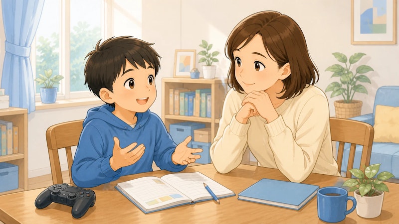 ゲームや宿題について、落ち着いた時間に話す小学生と保護者