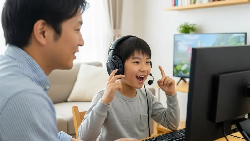 リビングルームで、ヘッドセットを装着した男の子がデスクトップPCの画面に向かって楽しそうに何かを話している。画面を指さして興奮した様子で、隣に座る父親がその様子を笑顔で見守っている。オンラインゲームや学習に取り組んでいるワンシーン。