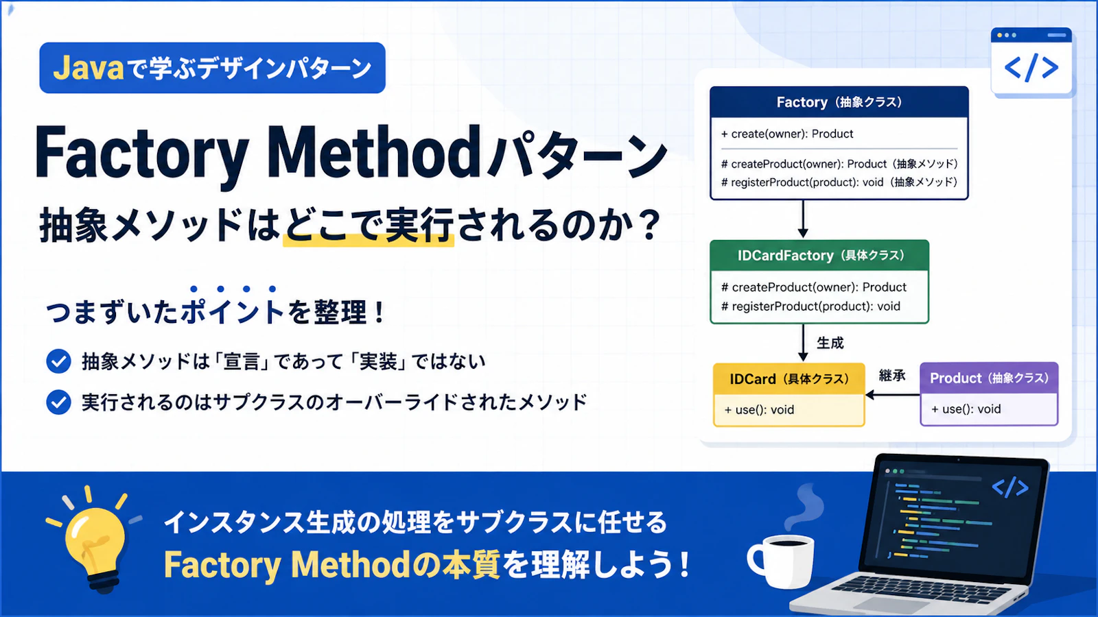 Factory Methodパターンを学んで理解した「抽象メソッドはどこで実行されるのか」