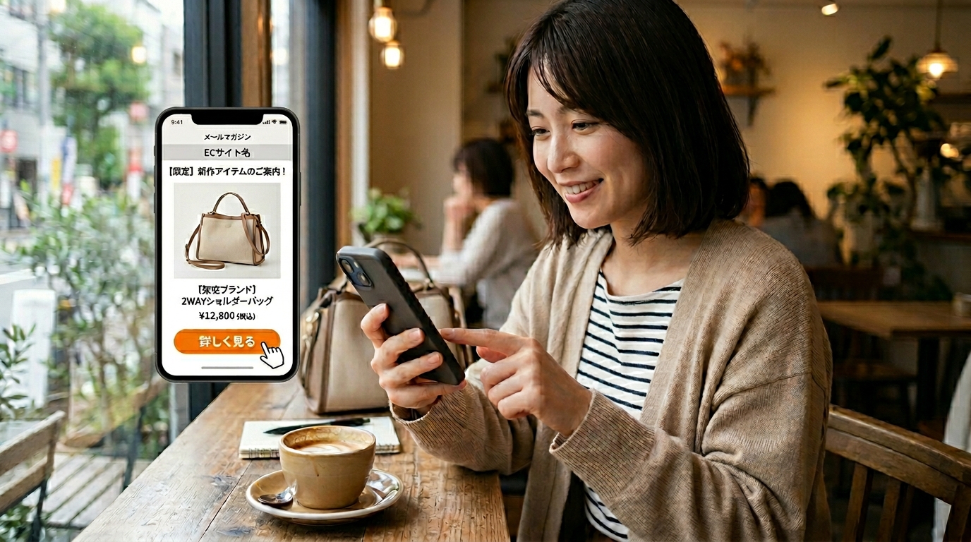 スマートフォンでメルマガの商品リンクをタップする様子