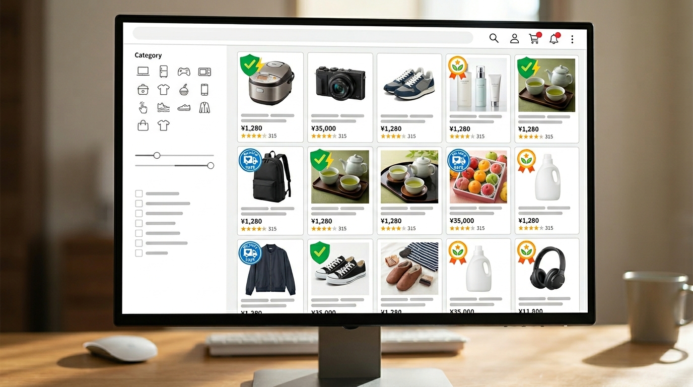 ECサイトの検索結果に表示される配送品質マークのイメージ